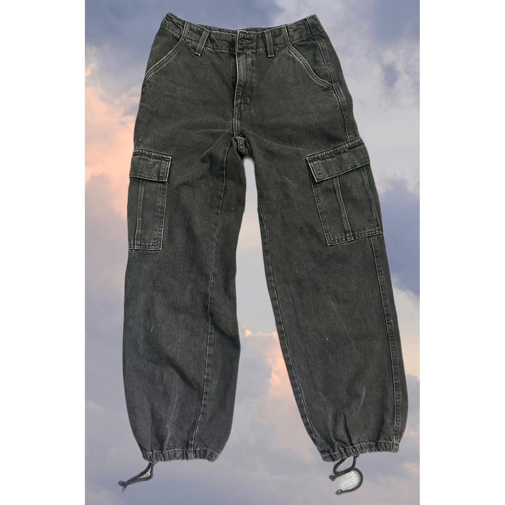 Levis 94 Baggy Cargo Jean Women 25 Washed Black Bungee Hem Denim Pant A4707-0025